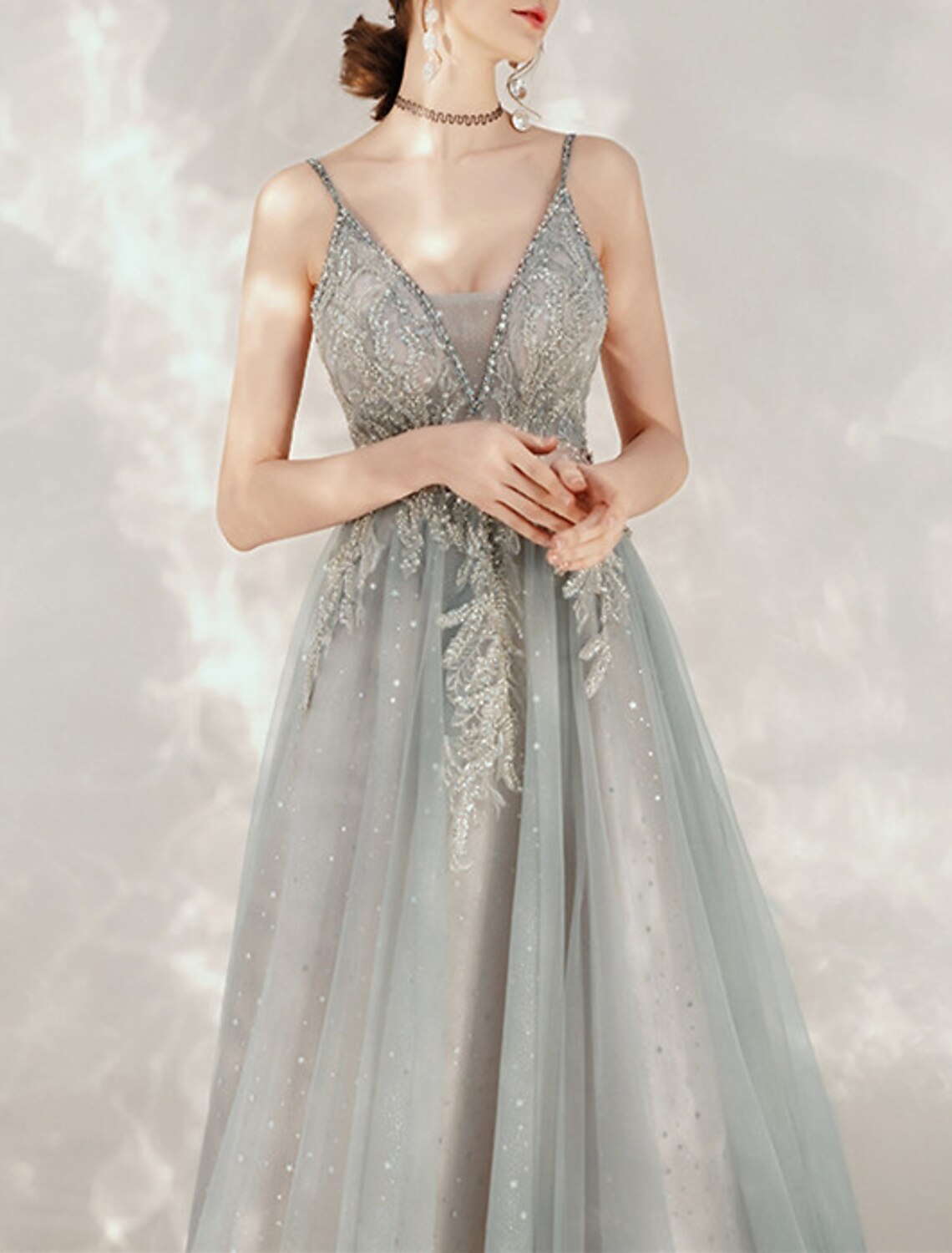 Wholesale A-Line Party Dresses Glittering Dress Prom Wedding Party Floor Length Sleeveless Spaghetti Strap Tulle Backless with Glitter