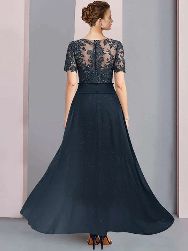 Wholesale Two Piece A-Line Mother of the Bride Dress Elegant Scoop Neck Tea Length Lace Short Sleeve with Sequin Appliques