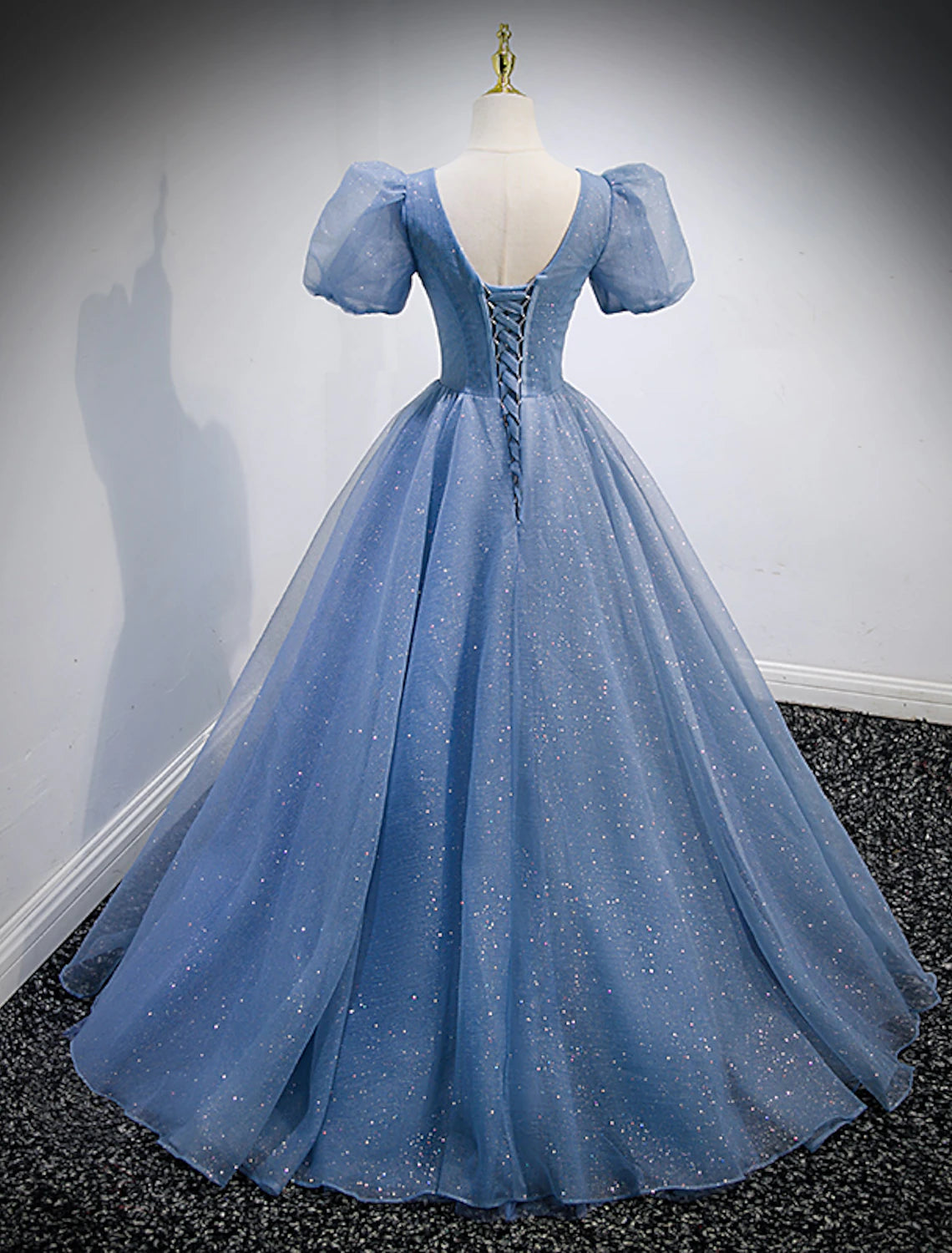 Wholesale  A-Line Prom Dresses Puffy Dress Quinceanera Prom Floor Length Short Sleeve V Neck Tulle with Sequin