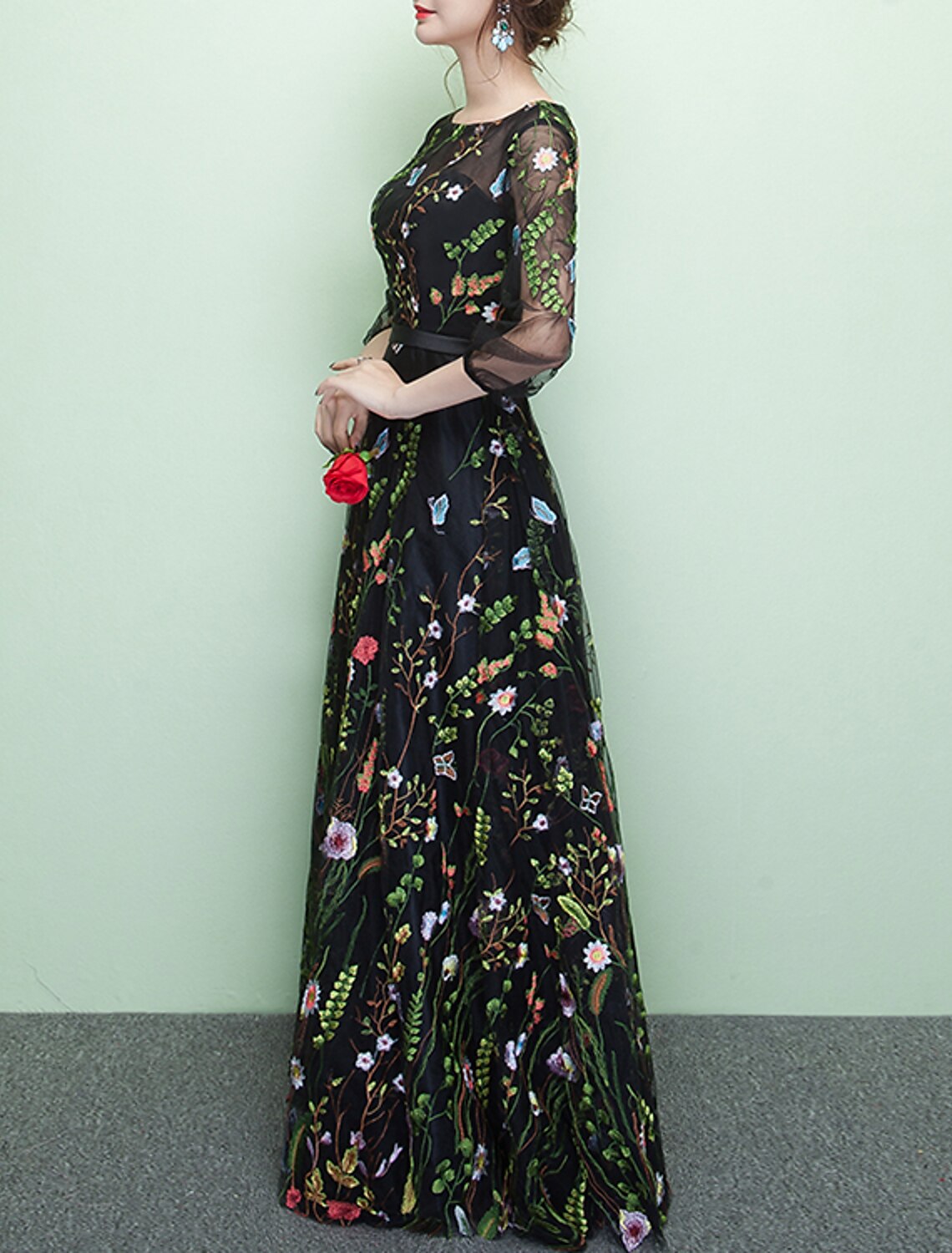 Wholesale A-Line Prom Dresses Floral Dress Party Wear Wedding Guest Floor Length 3/4 Length Sleeve Jewel Neck Lace with Embroidery