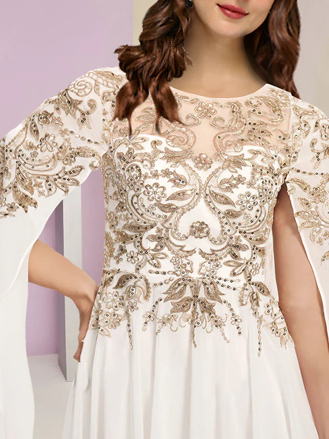 Wholesale Plus Size Curve Mother of the Bride Dress Wedding Guest Party Luxurious Jewel Neck Floor Length Chiffon Lace Sequined Long Sleeve with Pleats