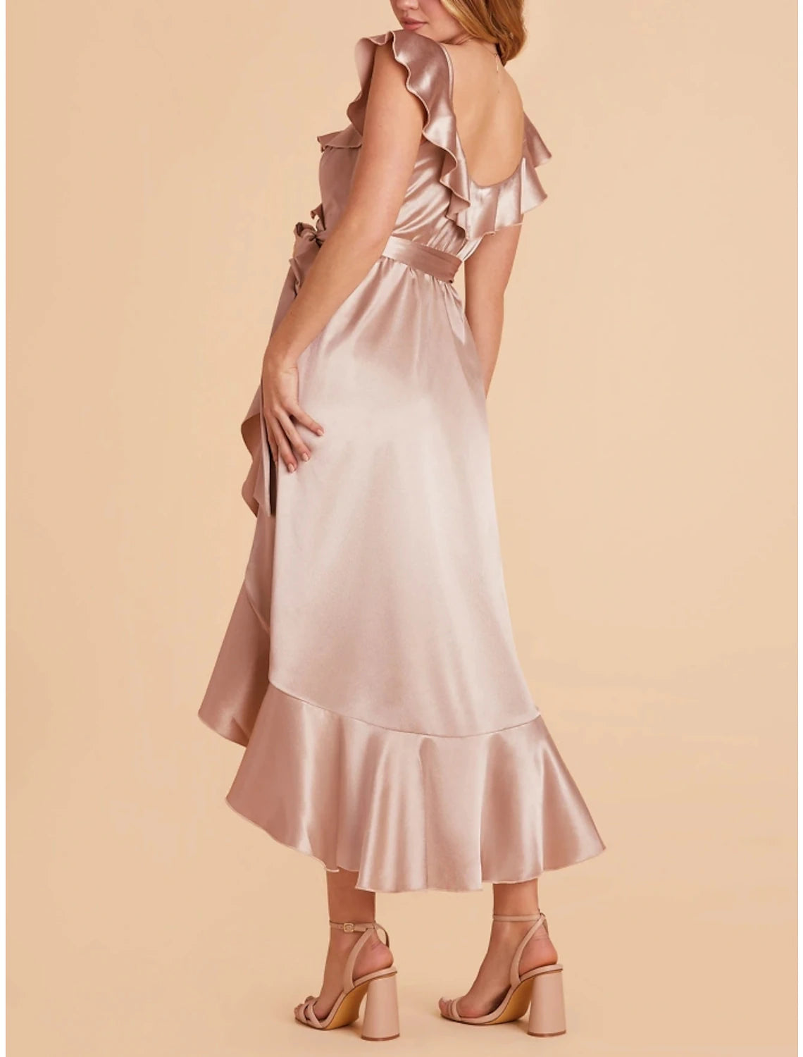 Wholesale A-Line Bridesmaid Dress V Neck Short Sleeve Pink Asymmetrical Stretch Satin with Sash / Ribbon / Ruffles / Split Front