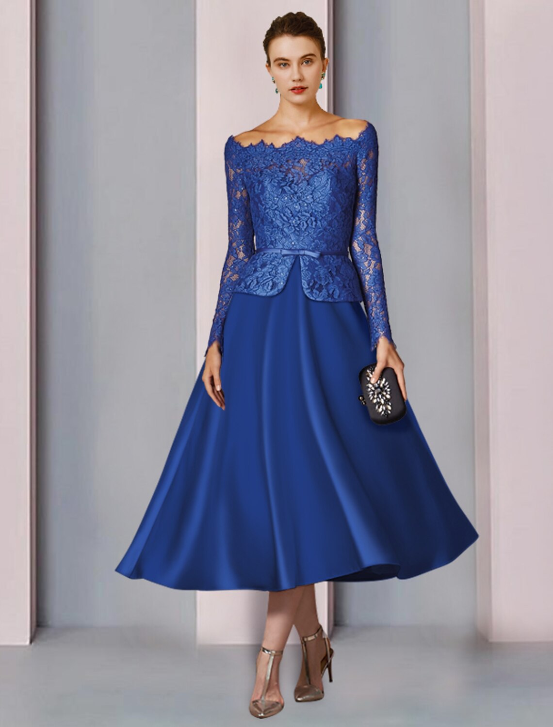 Wholesale  A-Line Mother of the Bride Dress Formal Church Party Elegant Off Shoulder Tea Length Satin Lace Long Sleeve with Bow(s)