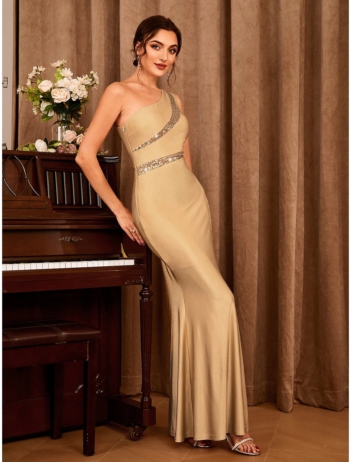 Wholesale Mermaid / Trumpet Party Dresses Sexy Dress Wedding Party Semi Formal Floor Length Sleeveless One Shoulder Stretch Satin with Glitter