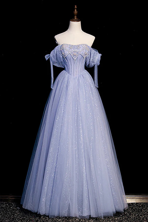 Wholesale Blue Tulle Beaded Long Prom Dress A-Line Blue Evening Party Dress