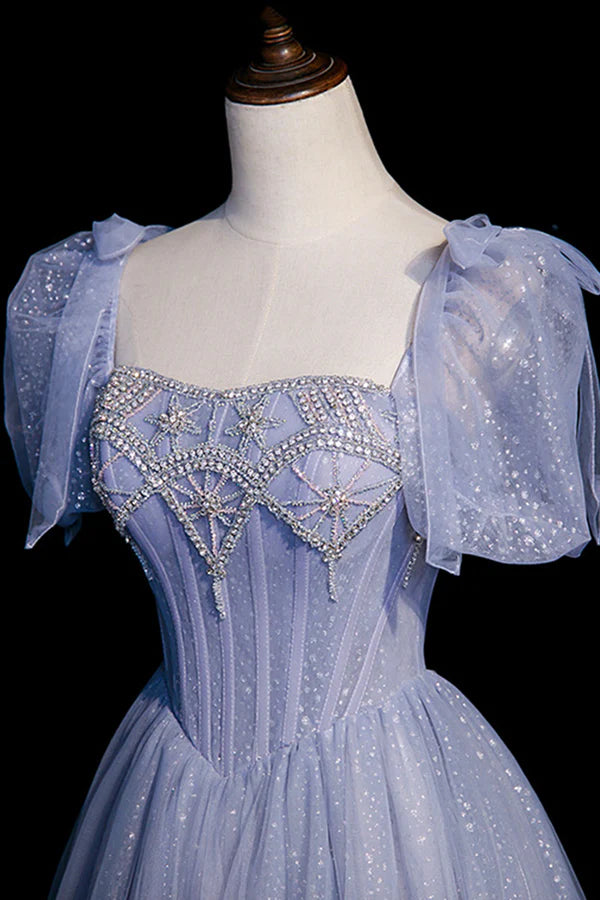 Wholesale Blue Tulle Beaded Long Prom Dress A-Line Blue Evening Party Dress