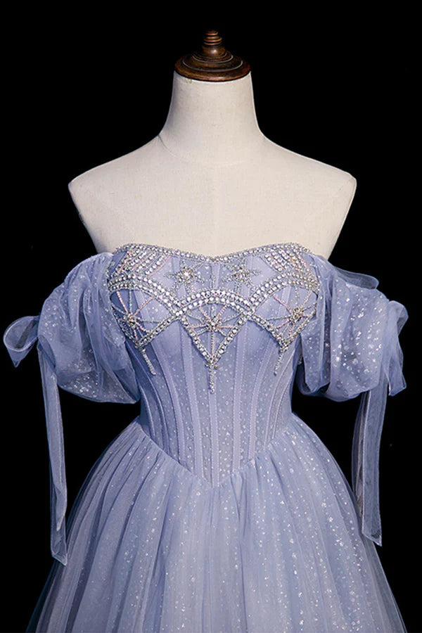 Wholesale Blue Tulle Beaded Long Prom Dress A-Line Blue Evening Party Dress