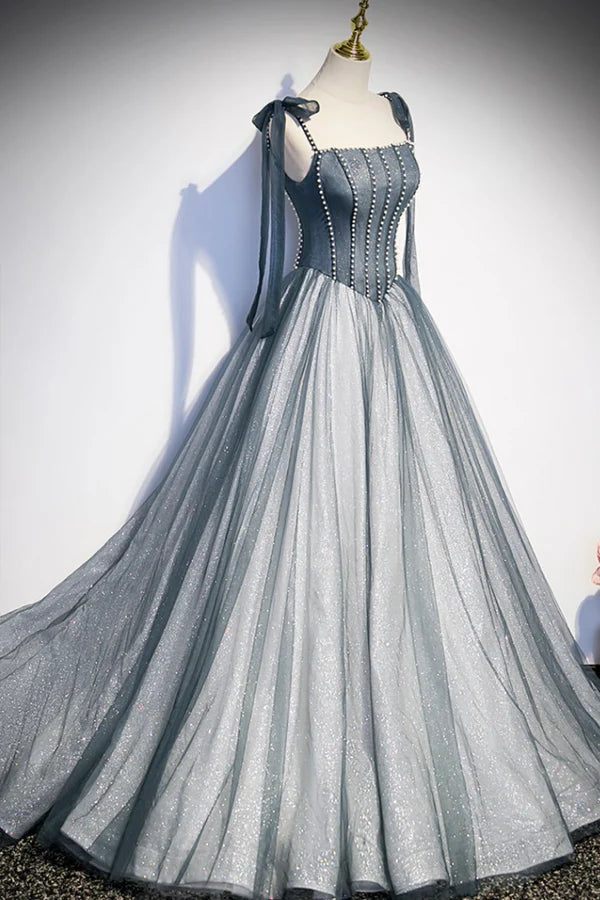 Wholesale Gray Tulle Long A-Line Prom Dress with Beaded Spaghetti Straps Gray Evening Dress