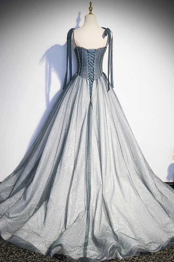 Wholesale Gray Tulle Long A-Line Prom Dress with Beaded Spaghetti Straps Gray Evening Dress