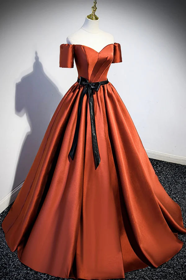 Wholesale Simple Satin Long Prom Dress Short Sleeve A-Line Evening Party Dress