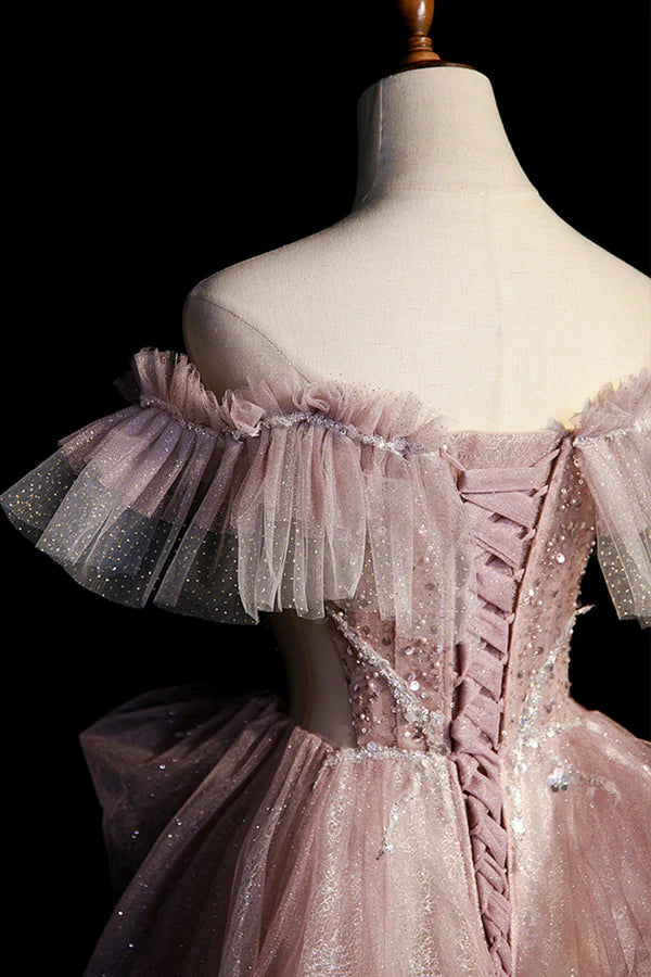 Wholesale Pink Sequins Long A-Line Prom Dress Off the Shoulder Evening Party Dress