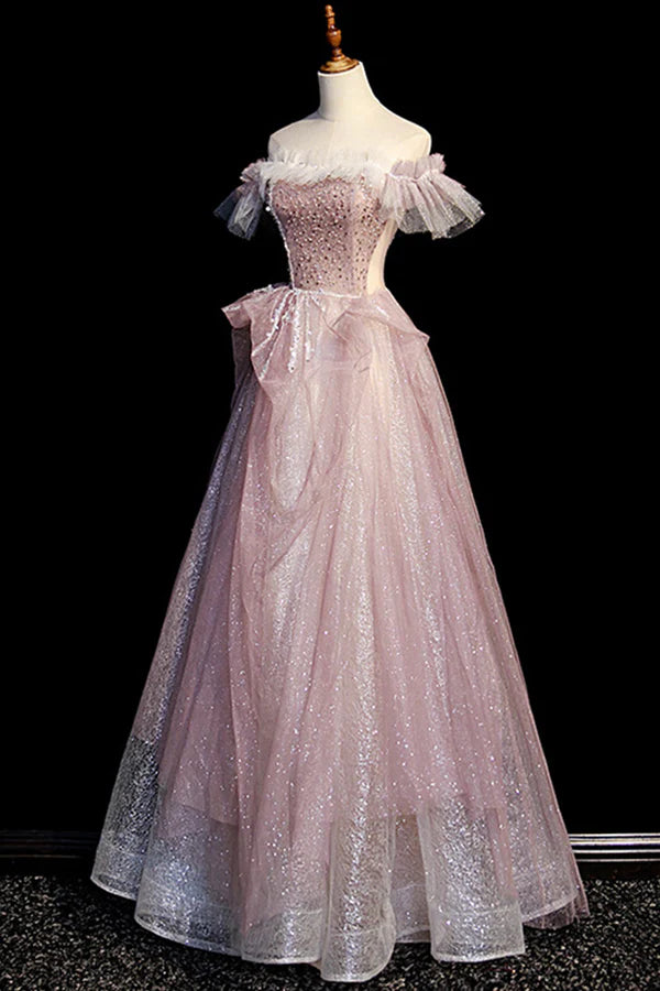 Wholesale Pink Sequins Long A-Line Prom Dress Off the Shoulder Evening Party Dress