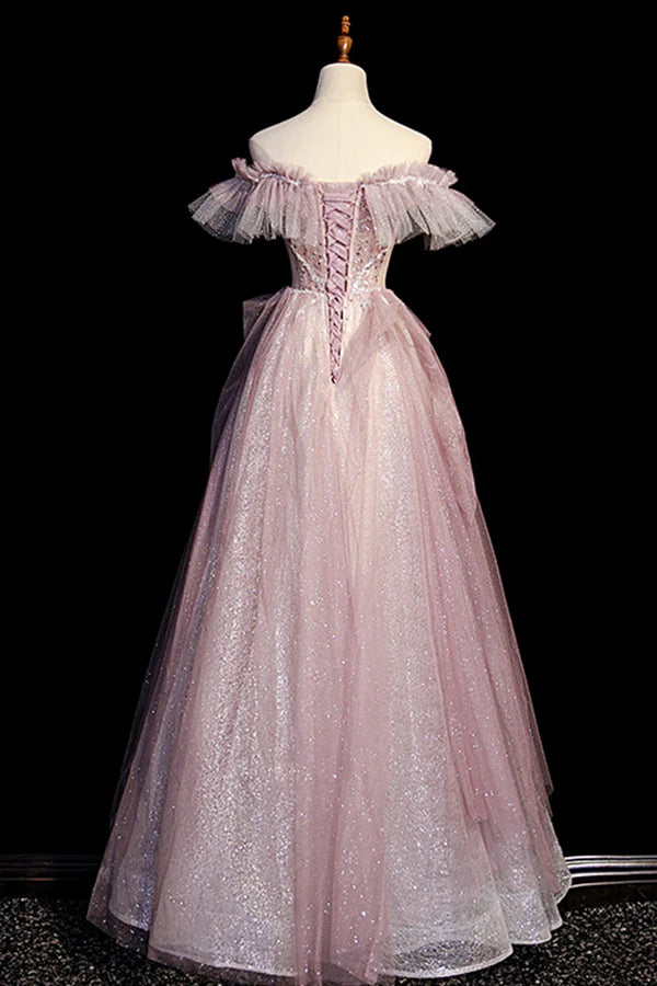 Wholesale Pink Sequins Long A-Line Prom Dress Off the Shoulder Evening Party Dress