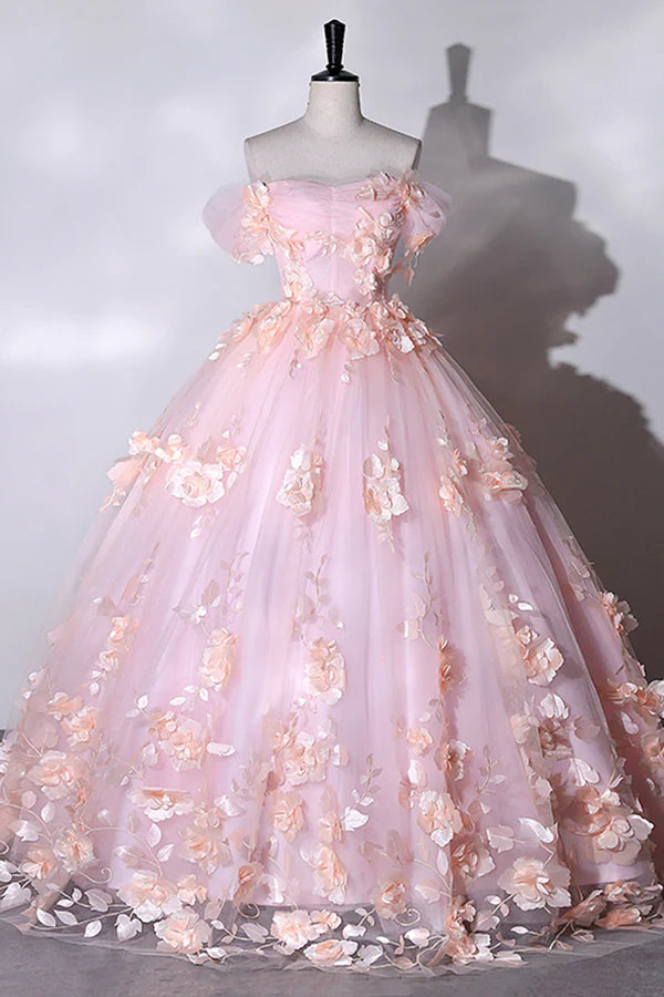 Wholesale Pink Flowers Sweetheart Ball Gown Formal Dresses Pink Long Sweet 16 Dresses