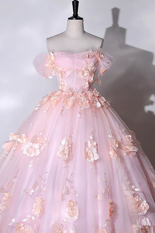 Wholesale Pink Flowers Sweetheart Ball Gown Formal Dresses Pink Long Sweet 16 Dresses