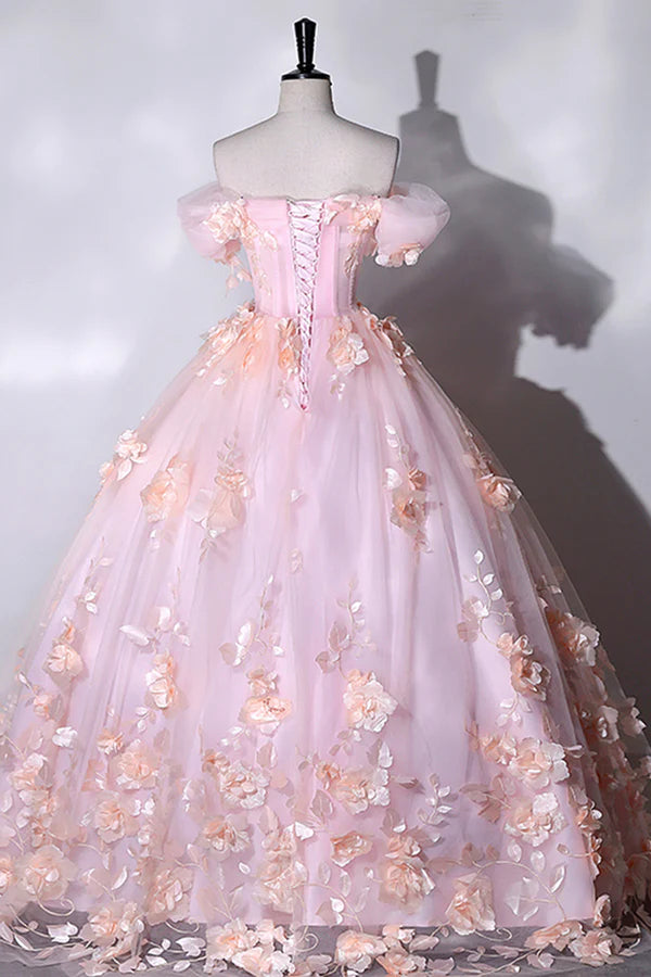 Wholesale Pink Flowers Sweetheart Ball Gown Formal Dresses Pink Long Sweet 16 Dresses