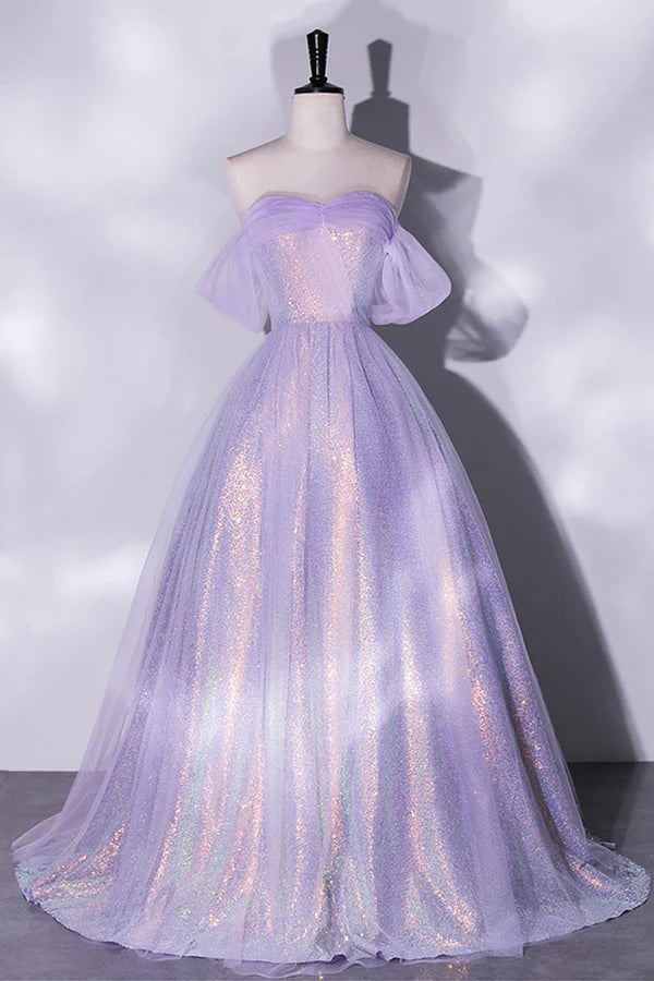 Wholesale Purple Sequins Long A-Line Prom Dress Off the Shoulder Evening Party Dress
