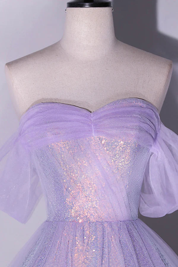 Wholesale Purple Sequins Long A-Line Prom Dress Off the Shoulder Evening Party Dress
