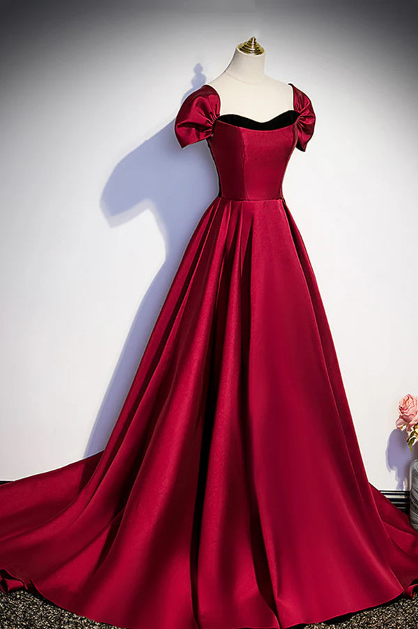 Wholesale Burgundy Satin Long Prom Dress Simple A-Line Evening Party Dress