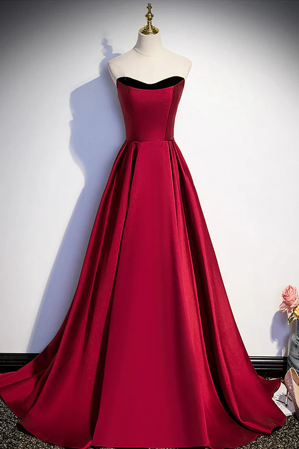 Wholesale Burgundy Satin Long Prom Dress Simple A-Line Evening Party Dress