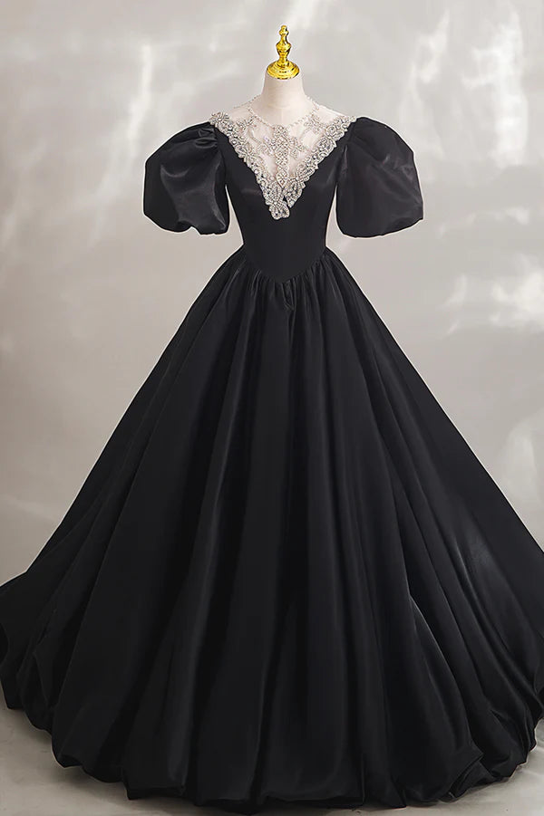 Wholesale Black Ball Gown with Beaded Black Short Sleeve Formal Evening Dress
