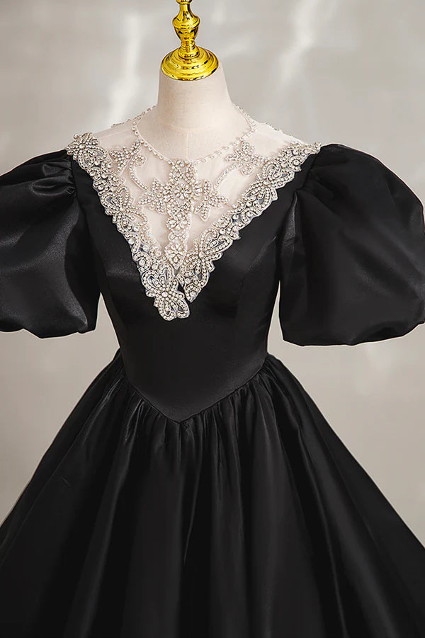 Wholesale Black Ball Gown with Beaded Black Short Sleeve Formal Evening Dress
