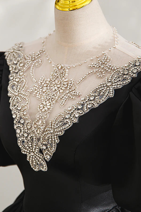 Wholesale Black Ball Gown with Beaded Black Short Sleeve Formal Evening Dress