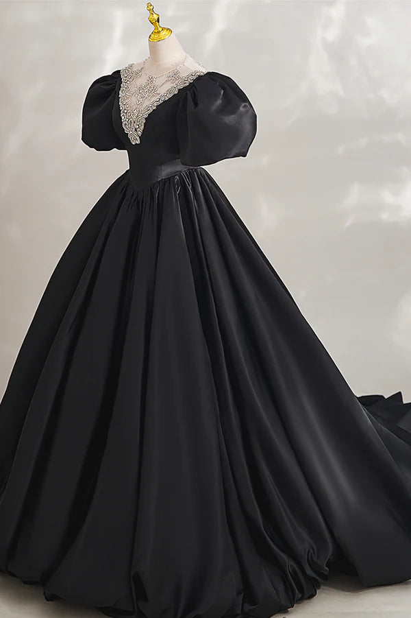 Wholesale Black Ball Gown with Beaded Black Short Sleeve Formal Evening Dress