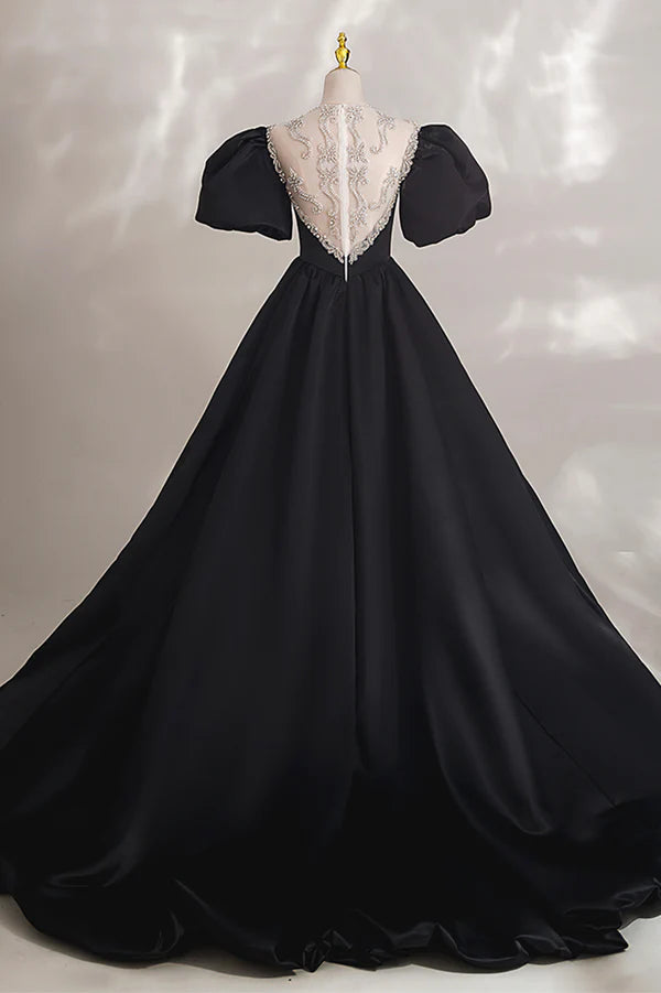 Wholesale Black Ball Gown with Beaded Black Short Sleeve Formal Evening Dress