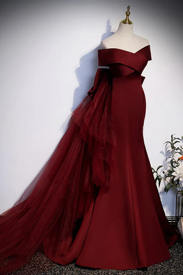 Wholesale Burgundy Mermaid Long Prom Dress Off the Shoulder V-Neck Formal Evening Dress