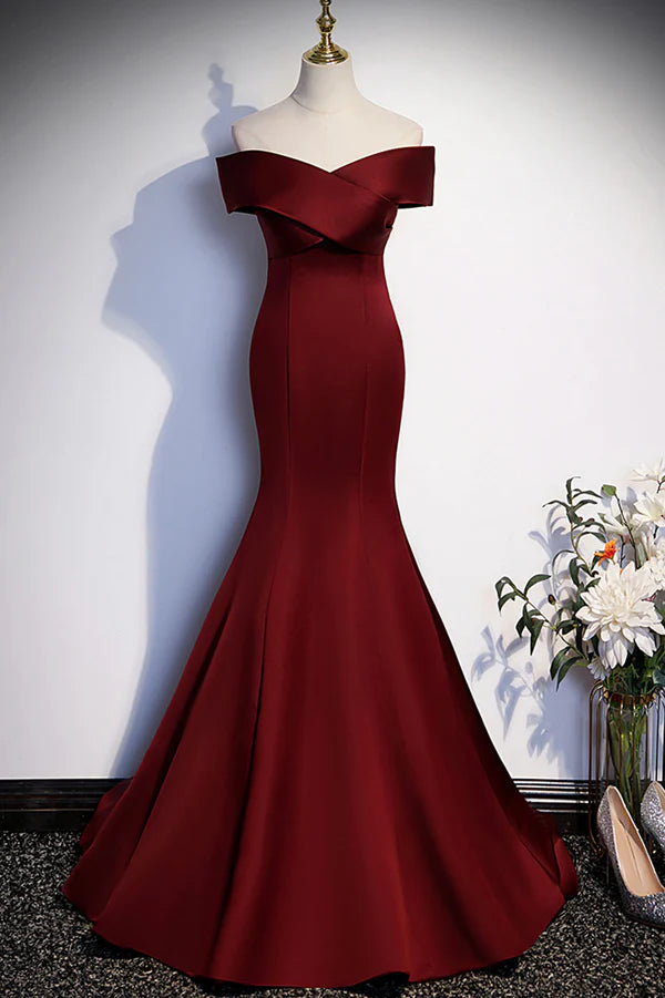 Wholesale Burgundy Mermaid Long Prom Dress Off the Shoulder V-Neck Formal Evening Dress
