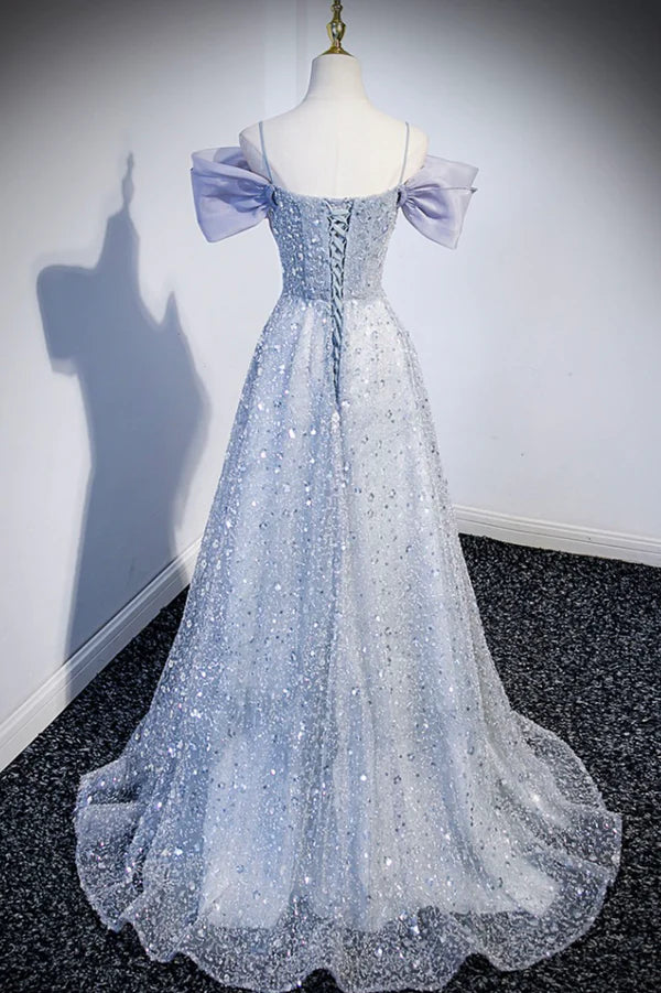 Wholesale Gray Tulle Beaded Long Prom Dress Off the Shoulder Evening Dress with Bow