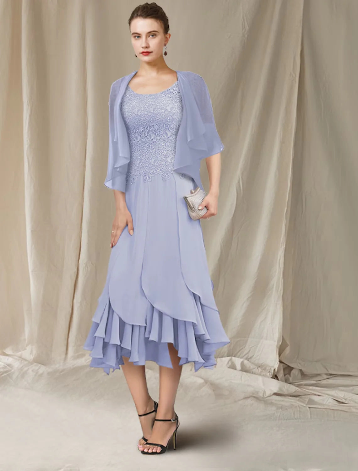 Wholesale Mermaid / Trumpet Mother of the Bride Dress Elegant High Low Jewel Neck Asymmetrical Tea Length Chiffon Lace Short Sleeve Wrap Included with Lace Ruffles