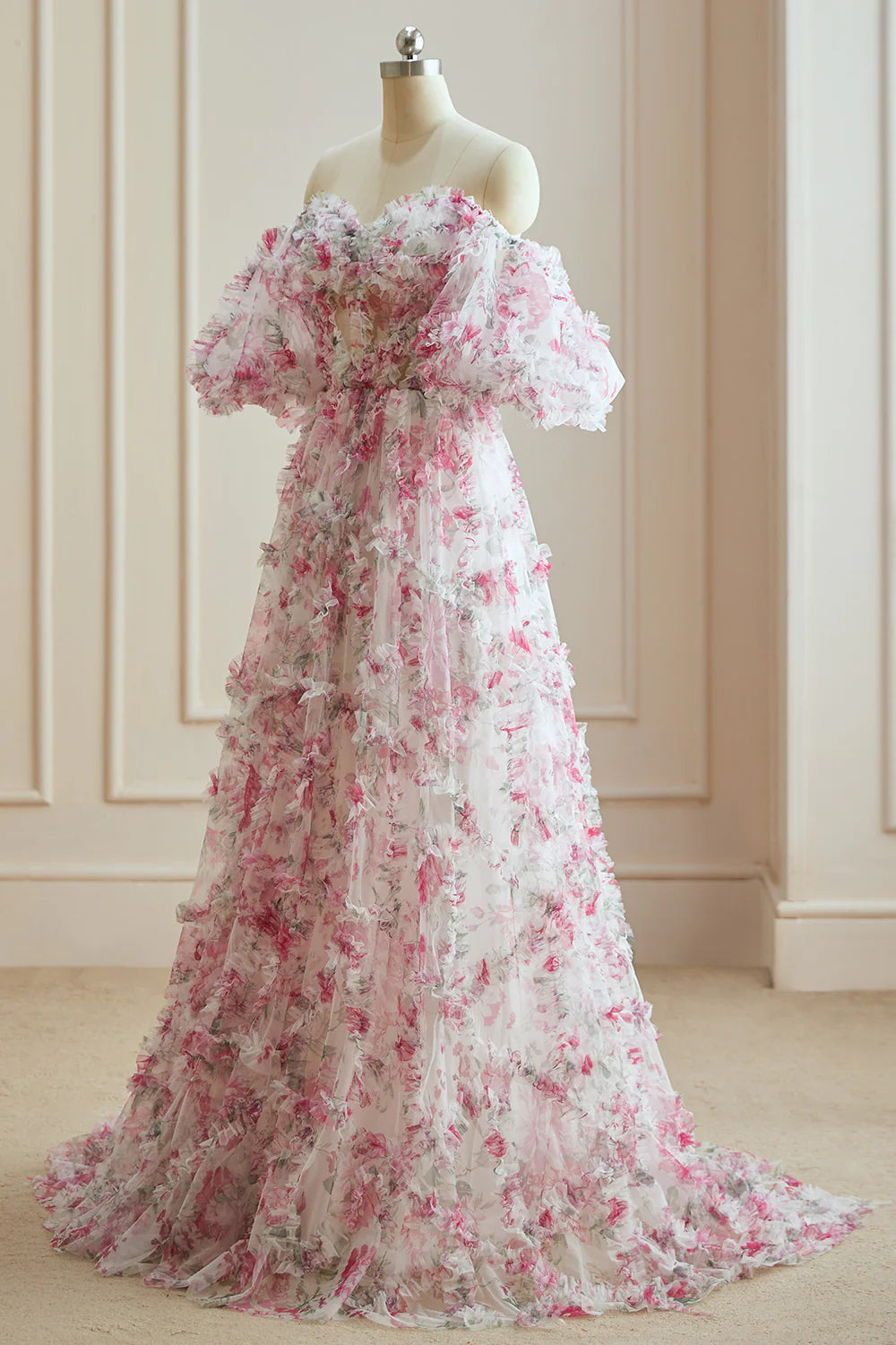 Wholesale A Line Sweetheart Ruffles Sweep Train Floral Printed Chiffon Prom Dresses