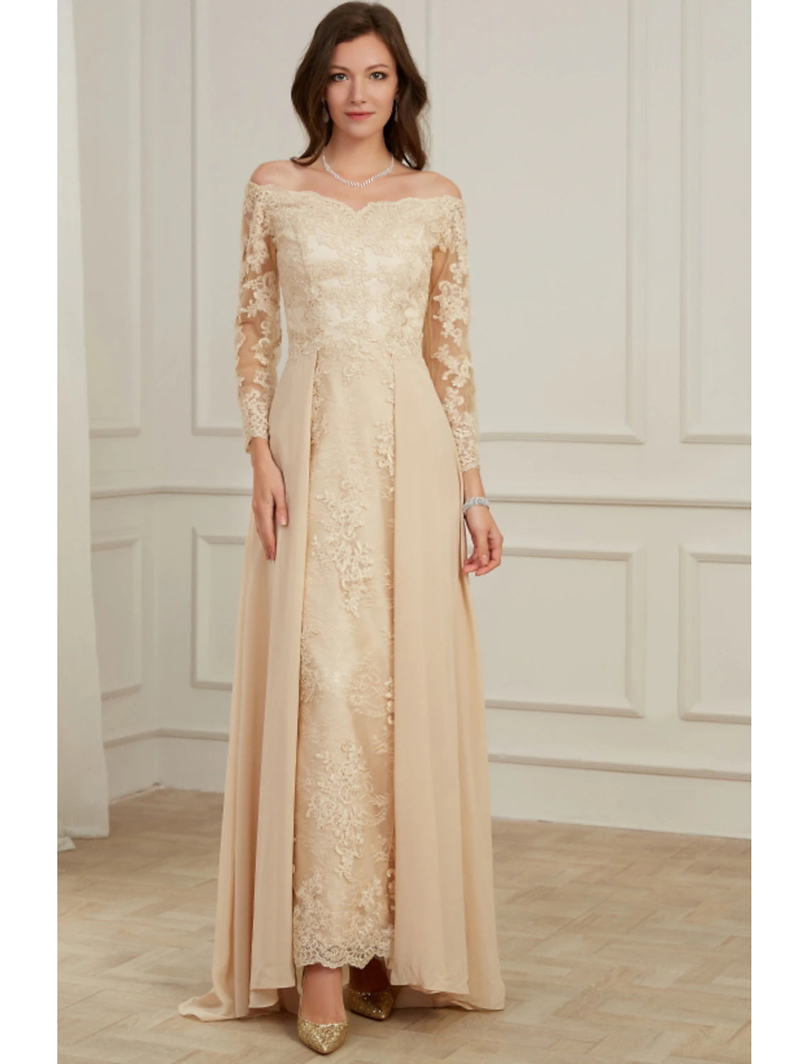 Wholesale  A-Line Evening Gown Elegant Dress Wedding Guest Formal Evening Floor Length Long Sleeve Off Shoulder Polyester with Overskirt Appliques
