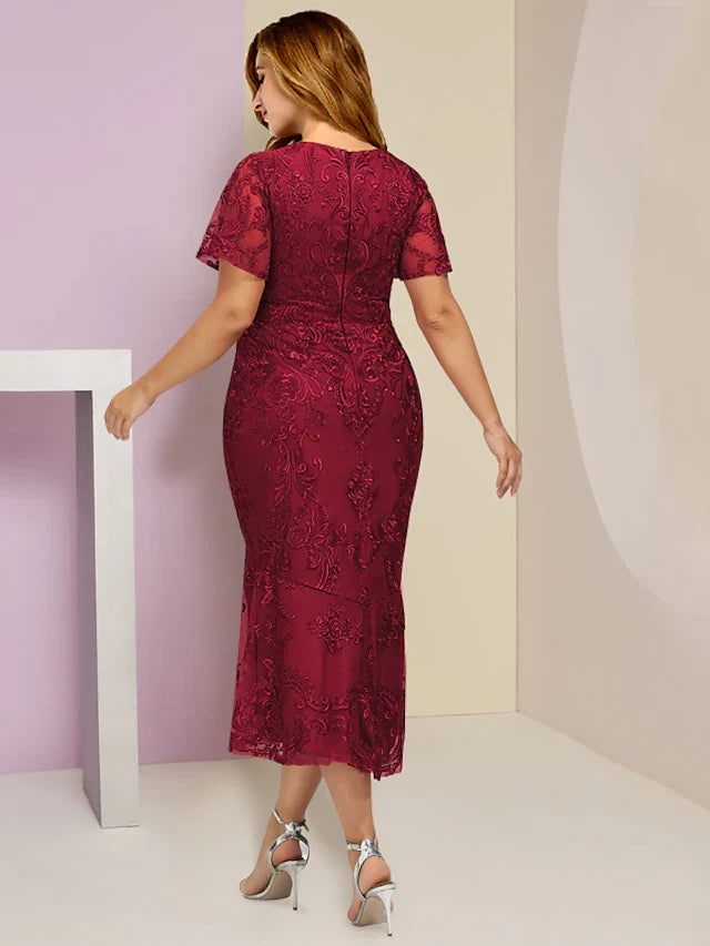 Wholesale Plus Size Curve Mother of the Bride Dress Wedding Guest Party Elegant V Neck Tea Length Lace Short Sleeve with Pleats Solid Color