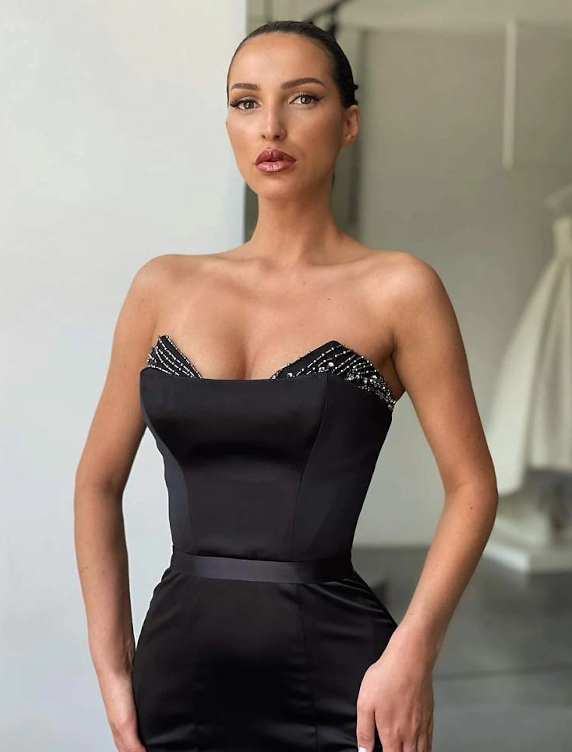 Wholesale Mermaid / Trumpet Evening Gown Sexy Dress Formal Wedding Guest Floor Length Sleeveless Strapless Satin Backless with Beading