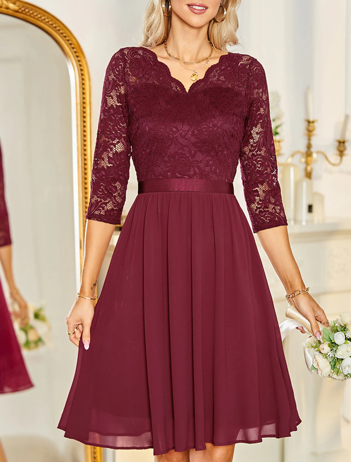 Wholesale A-Line Cocktail Dresses Vintage Dress Wedding Guest Party Wear Knee Length Half Sleeve V Neck Chiffon with Pleats