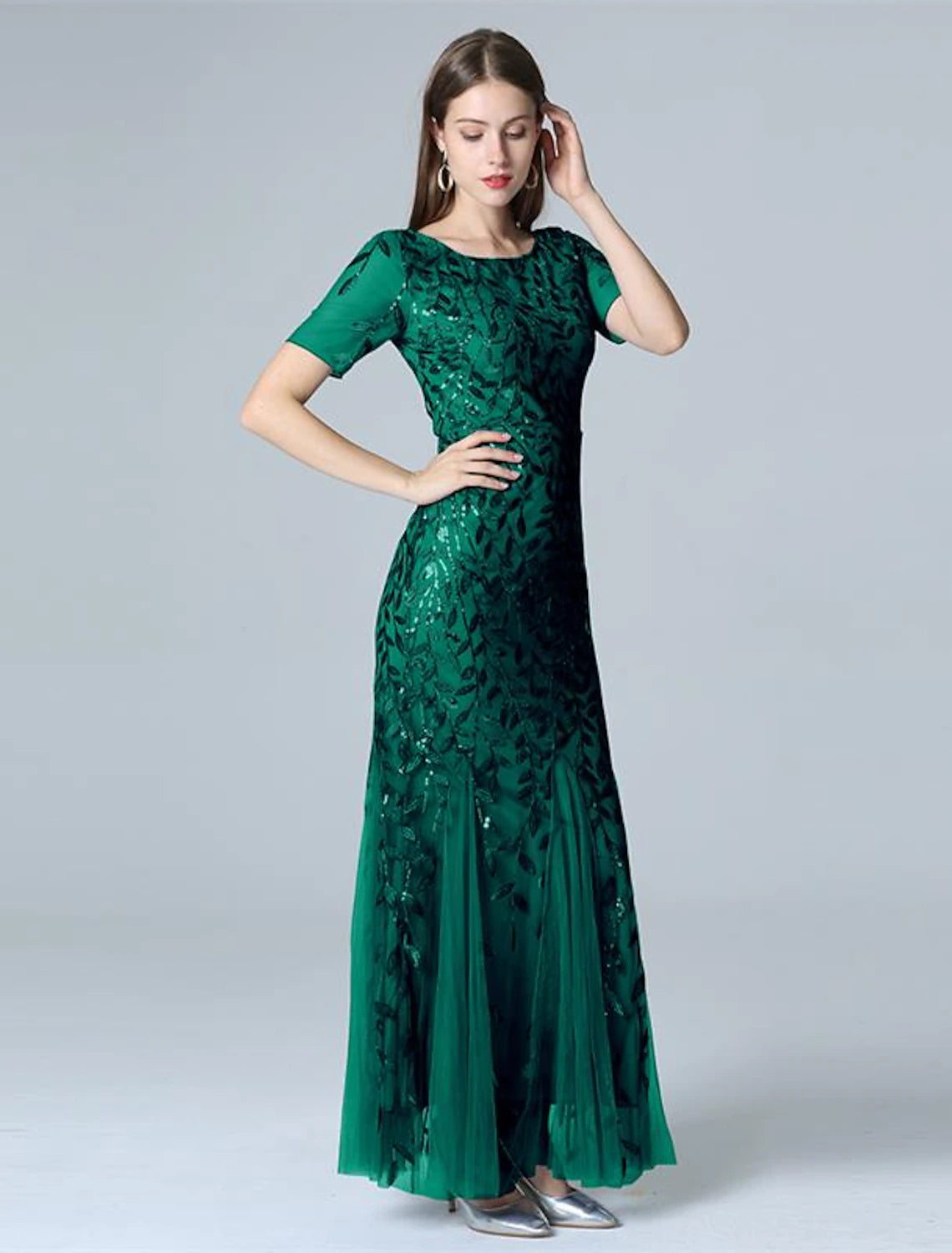 Wholesale Mermaid / Trumpet Evening Gown Empire Dress Prom Formal Evening Floor Length Short Sleeve Jewel Neck Fall Wedding Guest Tulle with Embroidery