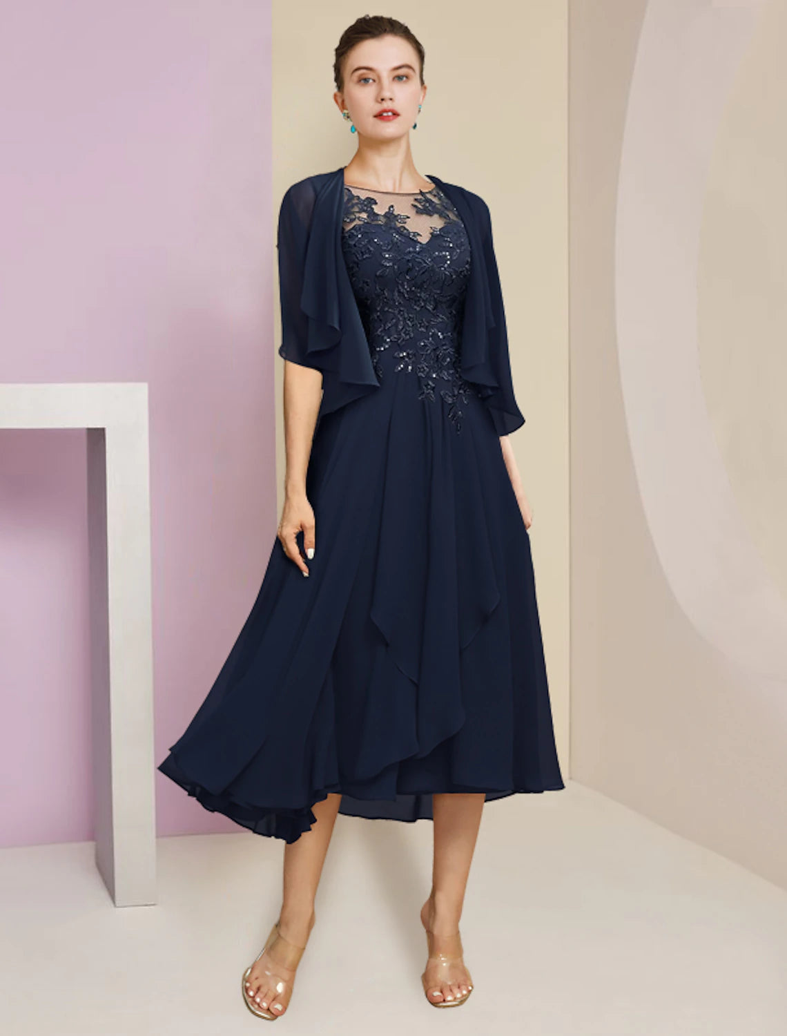 Wholesale  Two Piece A-Line Mother of the Bride Dress Formal Wedding Guest Elegant Scoop Neck Tea Length Chiffon Lace Short Sleeve Fall Wrap Included with Pleats Sequin Appliques