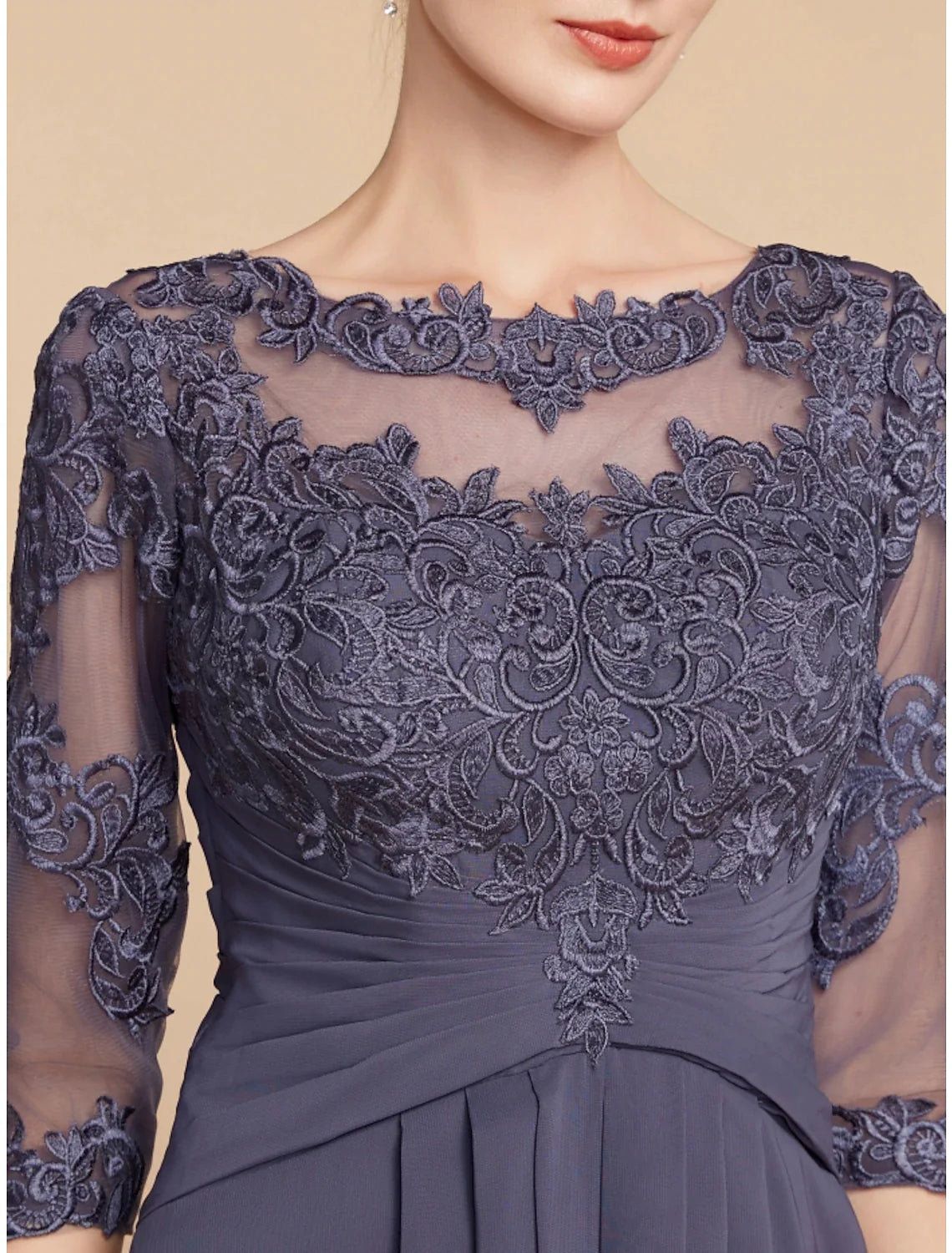 Wholesale A-Line Mother of the Bride Dress Wedding Guest Elegant Scoop Neck Ankle Length Chiffon Lace 3/4 Length Sleeve with Ruching Solid Color