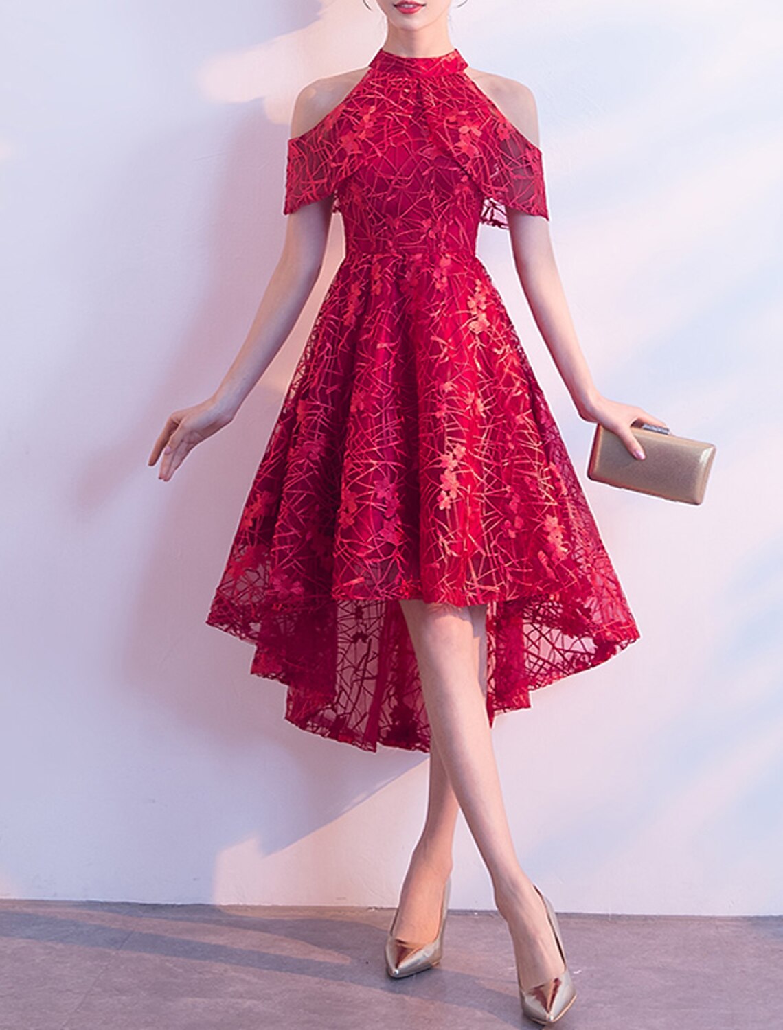 Wholesale A-Line Cocktail Dresses Minimalist Dress Wedding Guest Party Wear Asymmetrical Short Sleeve Jewel Neck Tulle with Pleats Pattern / Print