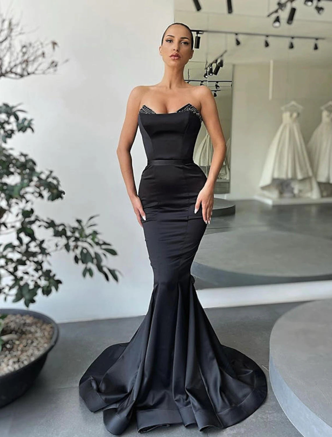 Wholesale Mermaid / Trumpet Evening Gown Sexy Dress Formal Wedding Guest Floor Length Sleeveless Strapless Satin Backless with Beading