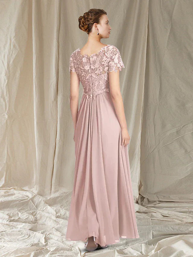 Wholesale A-Line Mother of the Bride Dress Elegant V Neck Floor Length Chiffon Lace Short Sleeve with Pleats Appliques