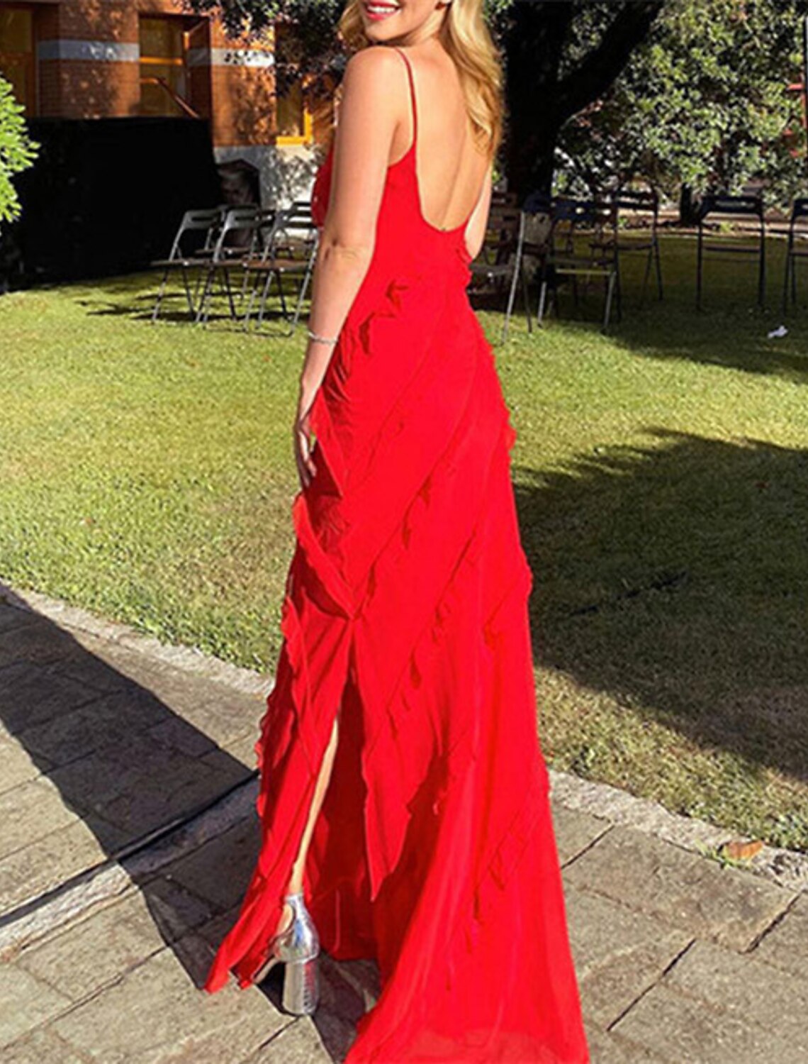 Wholesale Sheath / Column Party Dresses Tiered Plisse Dress Wedding Guest Holiday Sweep / Brush Train Sleeveless Spaghetti Strap Chiffon with Ruffles Slit