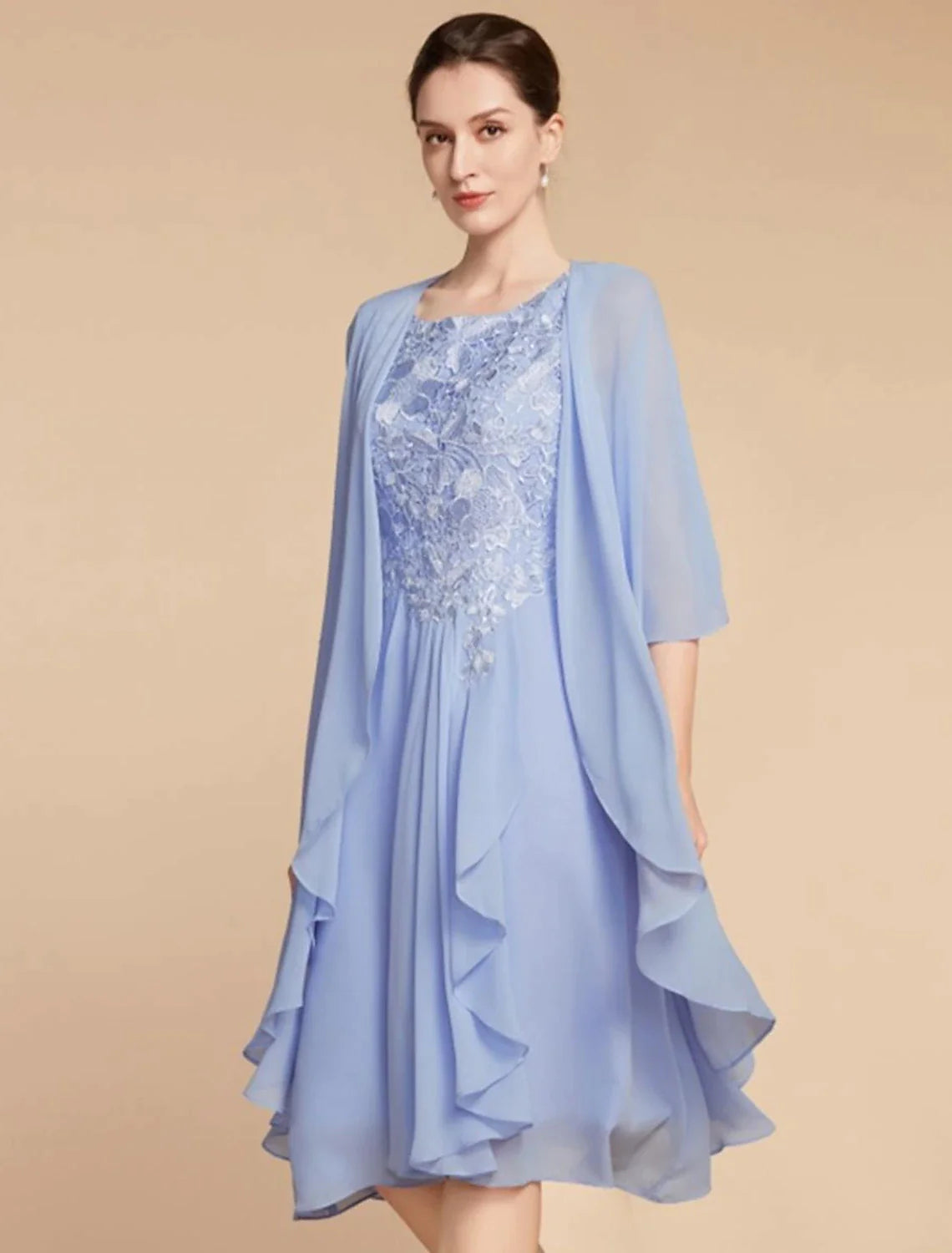 Wholesale Two Piece Sheath / Column Mother of the Bride Dress Wedding Guest Elegant Petite Scoop Neck Knee Length Chiffon Lace Half Sleeve with Ruching Solid Color