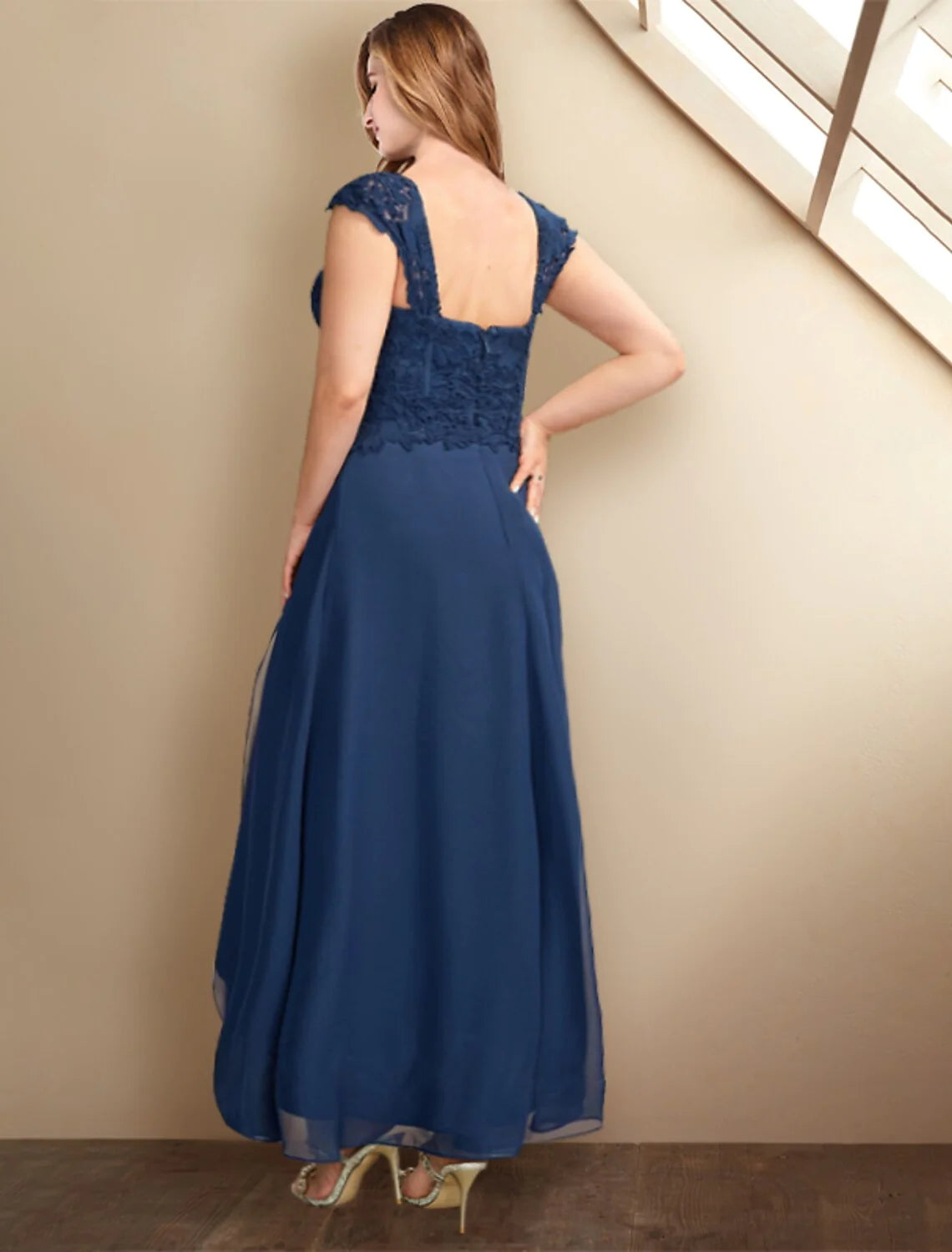 Wholesale Two Piece A-Line Mother of the Bride Dresses Plus Size Hide Belly Curve Elegant Dress Formal Asymmetrical Half Sleeve Square Neck Chiffon with Pleats Appliques