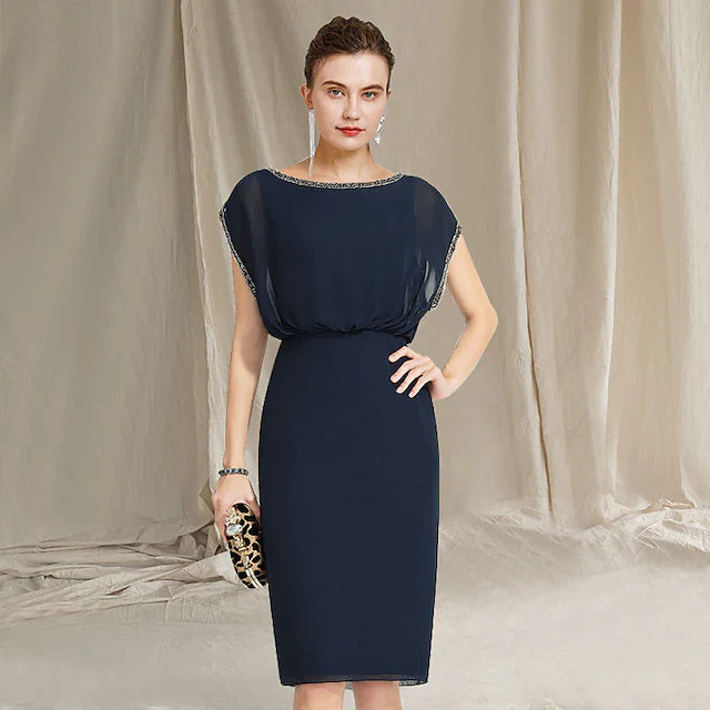 Wholesale Sheath / Column Mother of the Bride Dress Plus Size Elegant Jewel Neck Knee Length Chiffon Cap Sleeve with Beading