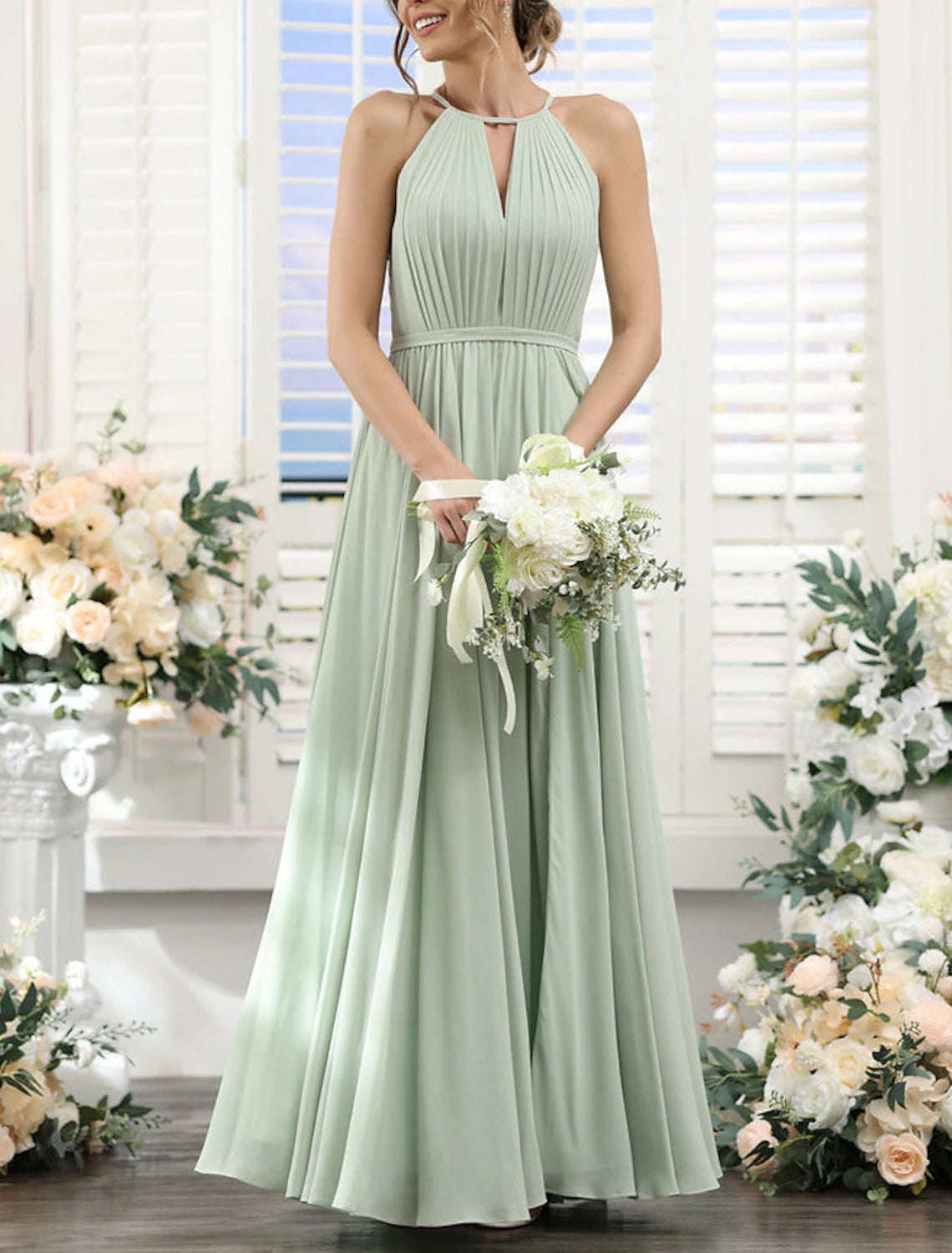 Wholesale A-Line Bridesmaid Dress Halter Short Sleeve Elegant Floor Length Chiffon with Split Front / Ruching