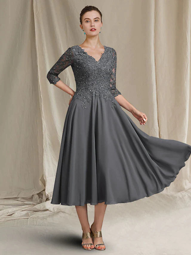Wholesale A-Line Mother of the Bride Dress Plus Size Elegant V Neck Tea Length Chiffon Lace 3/4 Length Sleeve with Pleats Beading Appliques